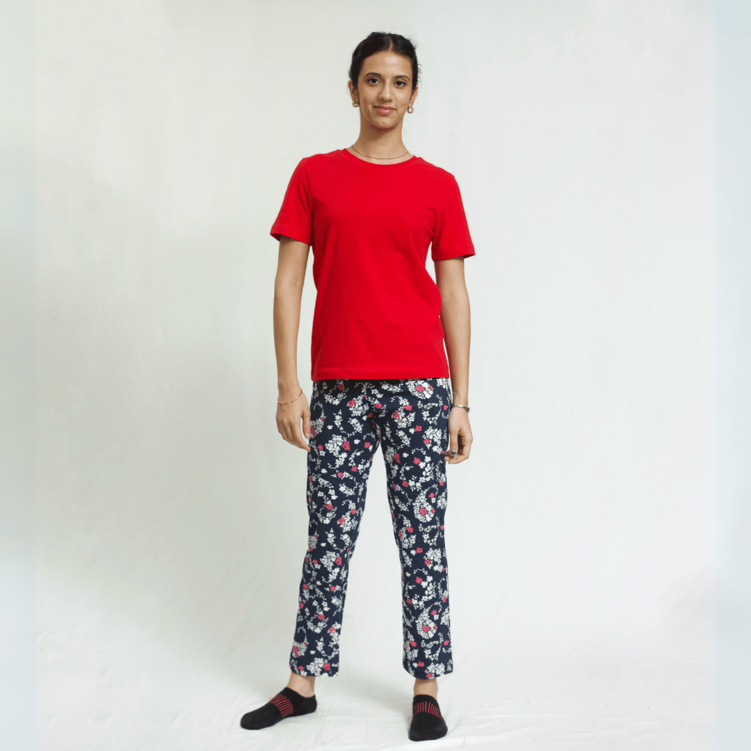 Floral Pyjama Night Suit Set with Red Tee XS - Premium Unisex | LEKSI Pakistan