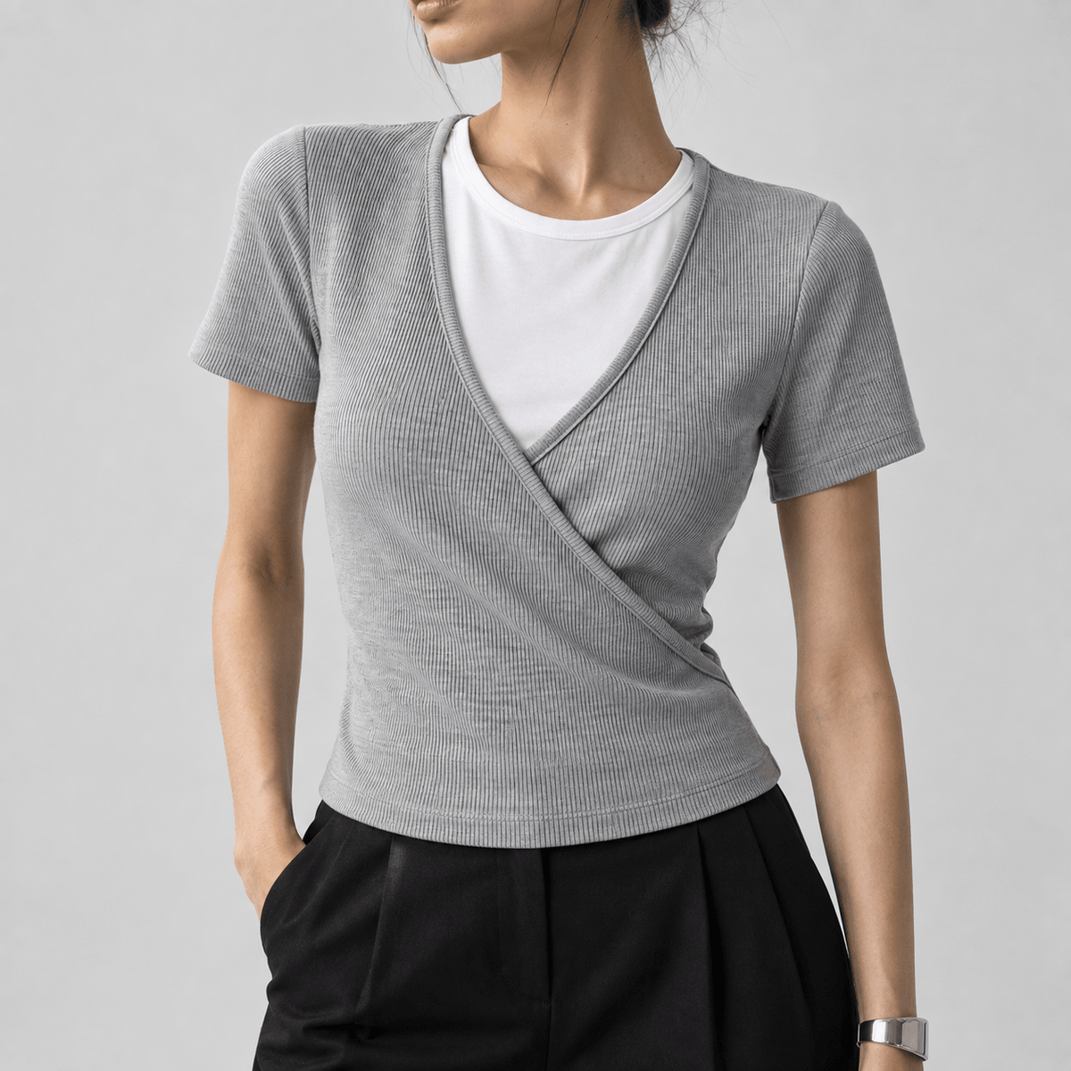 Greyline Wrap Ribbed Top XS - Premium Unisex | LEKSI Pakistan