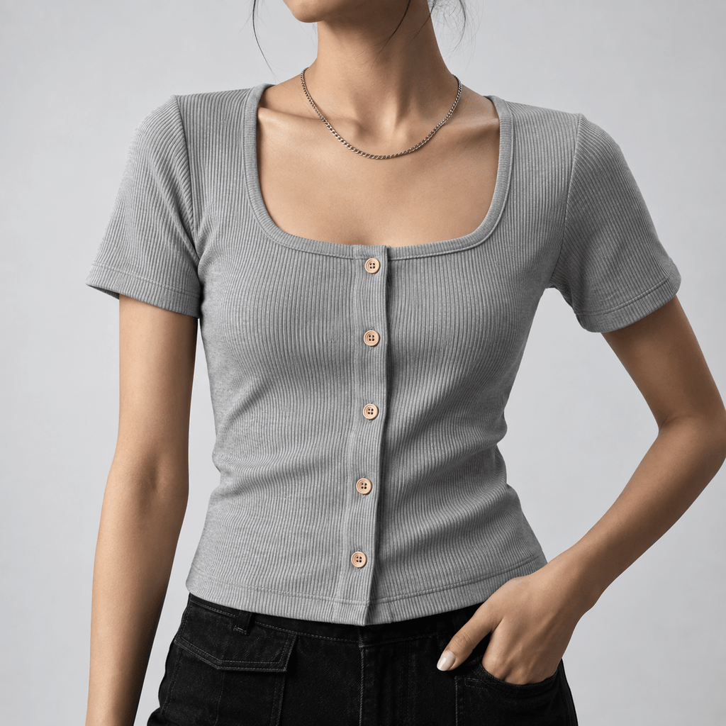 Heather Grey Button Through Square Neck Top XXS - Premium Unisex Square Neck | LEKSI Pakistan