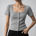 Heather Grey Button Through Square Neck Top XXS - Premium Unisex Square Neck | LEKSI Pakistan
