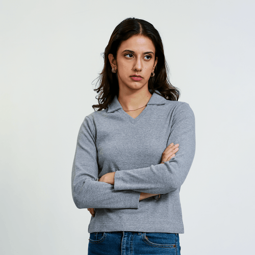 Heather Grey Full Sleeves Polo Ribbed Shirt XXS - Premium Unisex Polo | LEKSI Pakistan