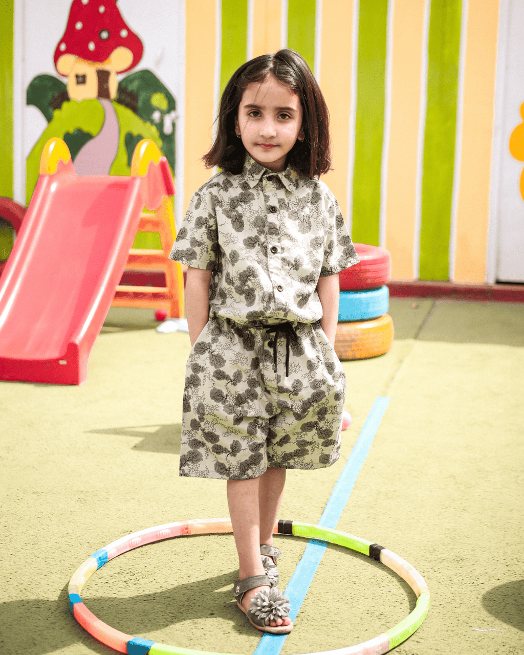 Kids Unisex Green Patterned Jumpsuit with Shorts 3 - 4 Years - Premium Unisex | LEKSI Pakistan