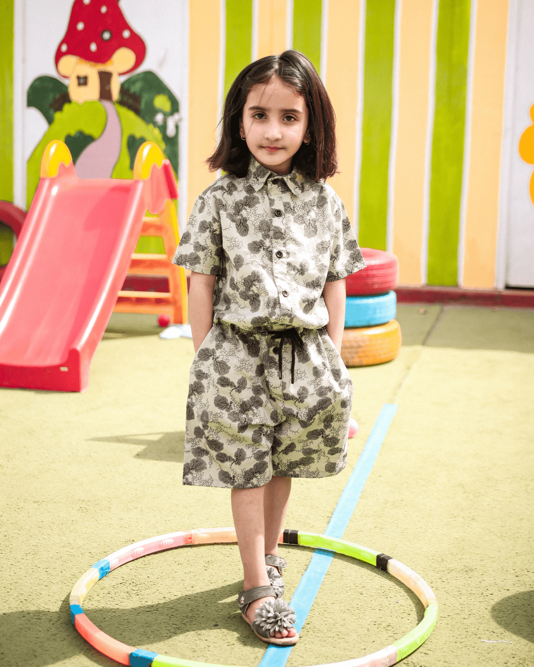 Kids Unisex Green Patterned Jumpsuit with Shorts 3 - 4 Years - Premium Unisex | LEKSI Pakistan