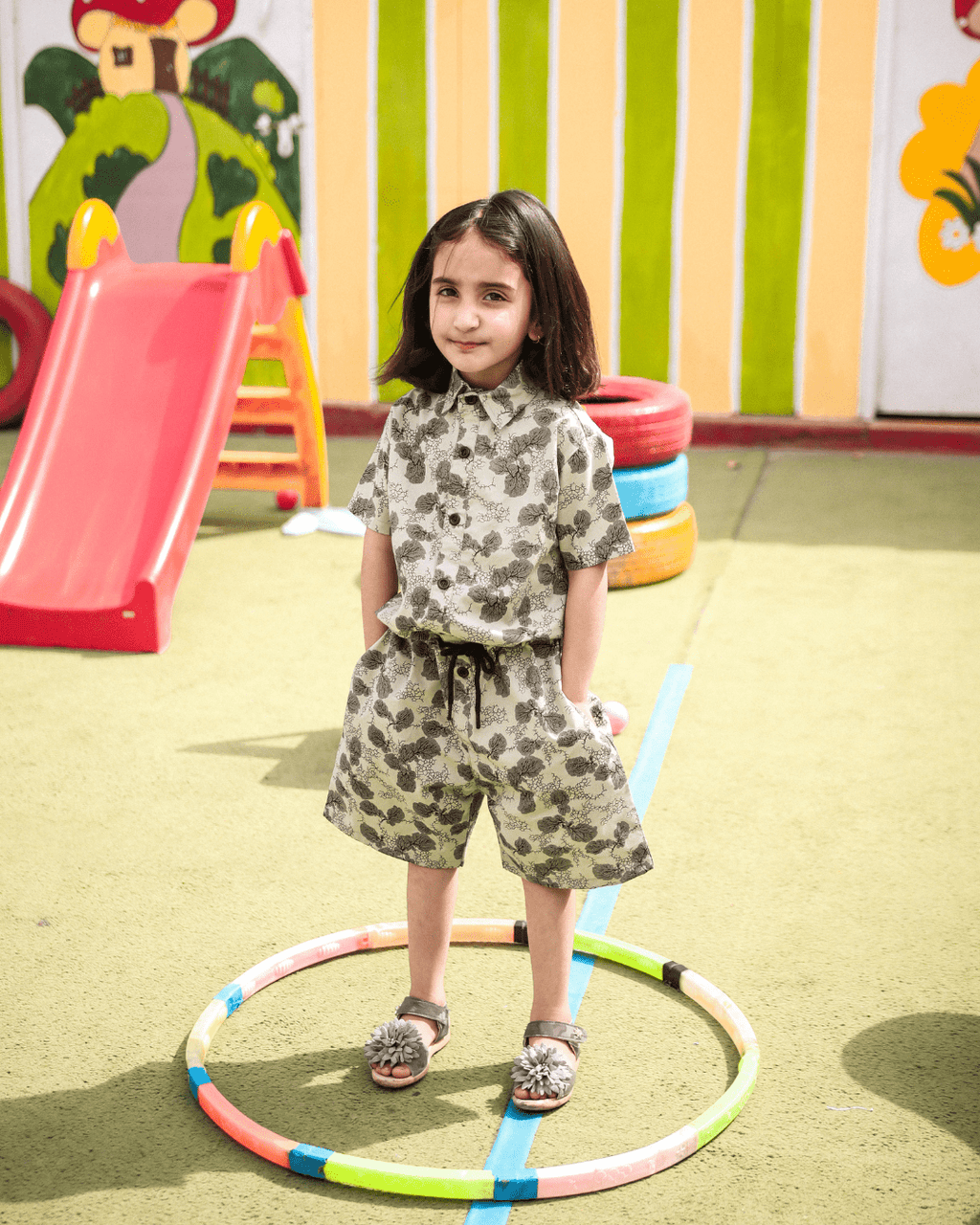 Kids Unisex Green Patterned Jumpsuit with Shorts 3 - 4 Years - Premium Unisex | LEKSI Pakistan