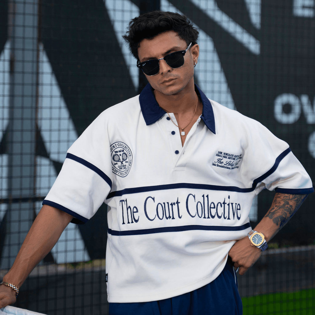 Match Point Navy Blue & White Oversized Boxy Polo - Unisex XS - Premium Unisex | LEKSI Pakistan