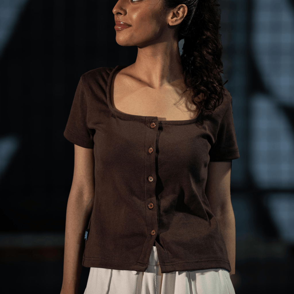 Mocha Earth Button Through Square Neck Top XXS - Premium Unisex Square Neck | LEKSI Pakistan
