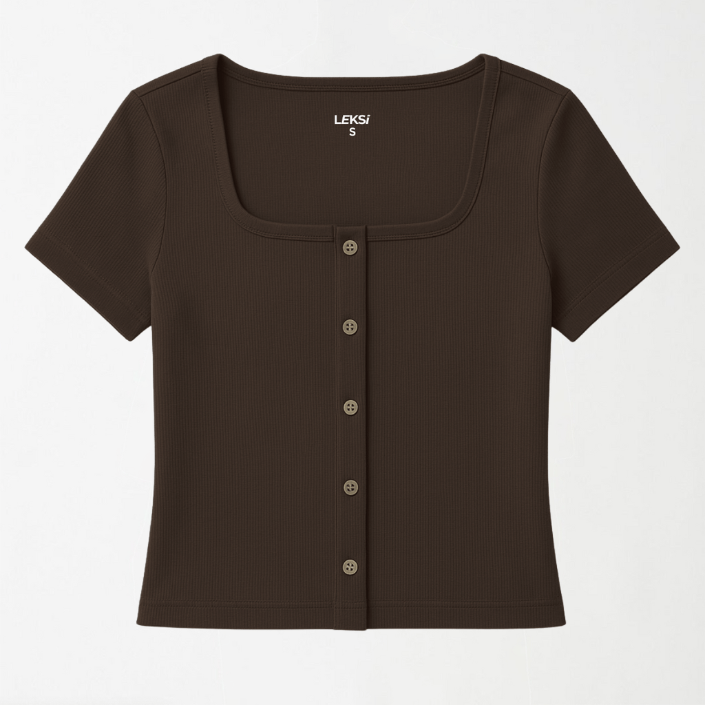 Mocha Earth Button Through Square Neck Top XXS - Premium Unisex Square Neck | LEKSI Pakistan