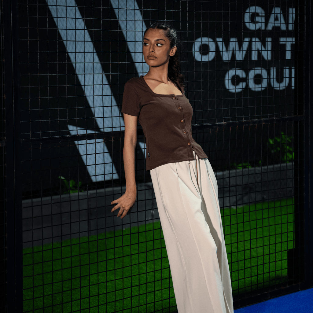 Mocha Earth Button Through Square Neck Top XXS - Premium Unisex Square Neck | LEKSI Pakistan