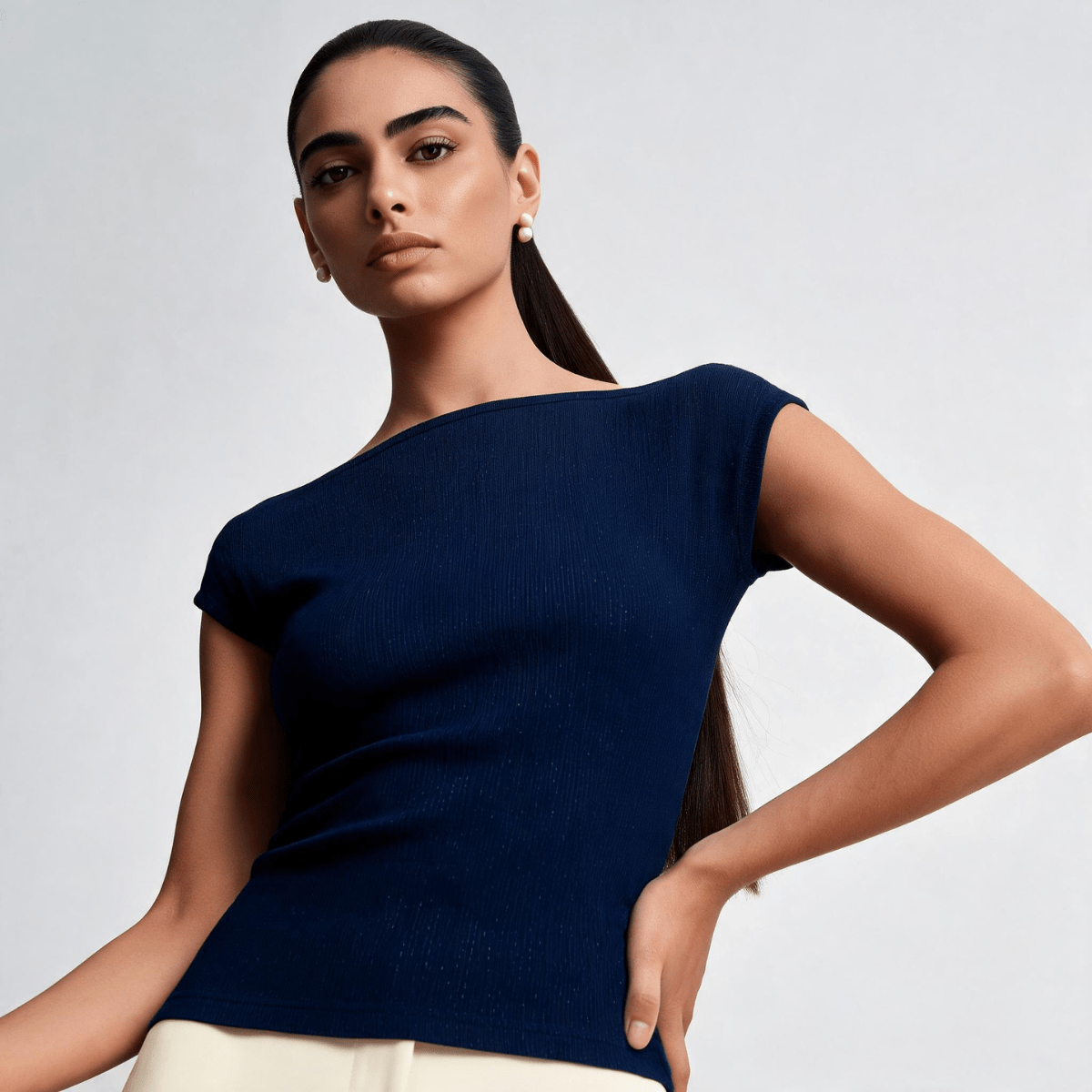 Navy Blue Boat Neck Top XS - Premium Unisex Square Neck | LEKSI Pakistan