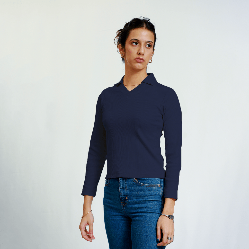 Navy Blue Full Sleeves Polo Ribbed Shirt XXS - Premium Unisex Polo | LEKSI Pakistan