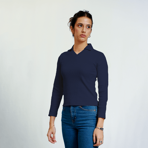 Navy Blue Full Sleeves Polo Ribbed Shirt XXS - Premium Unisex Polo | LEKSI Pakistan