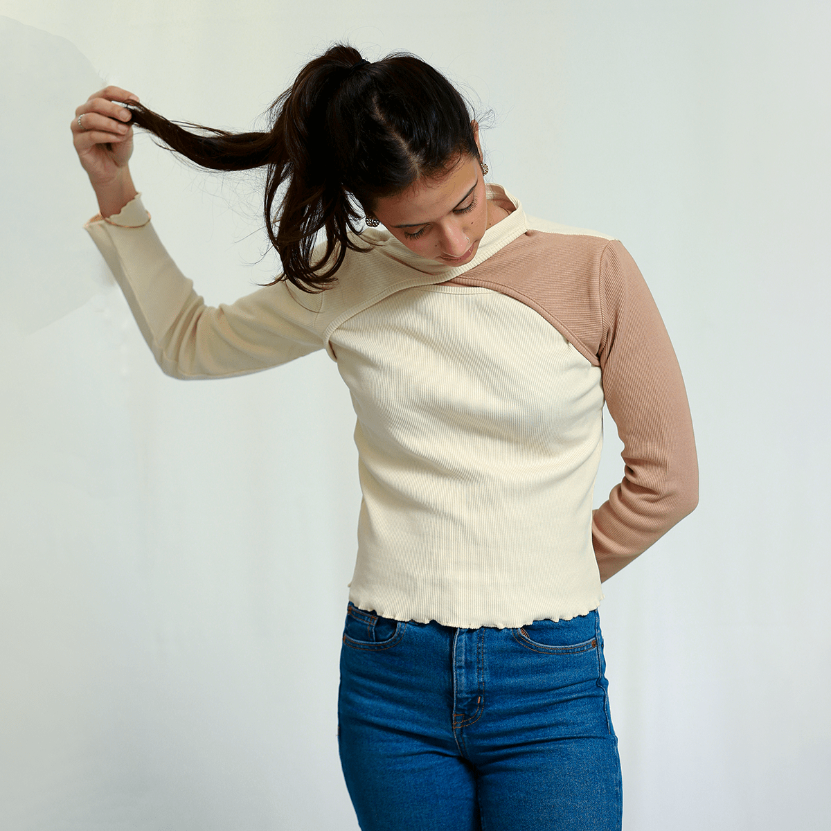 Off White and Beige Cutout Neck Ribbed Shirt XXS - Premium Unisex Two - Tone | LEKSI Pakistan