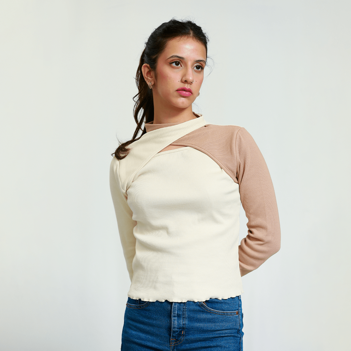 Off White and Beige Cutout Neck Ribbed Shirt XXS - Premium Unisex Two - Tone | LEKSI Pakistan