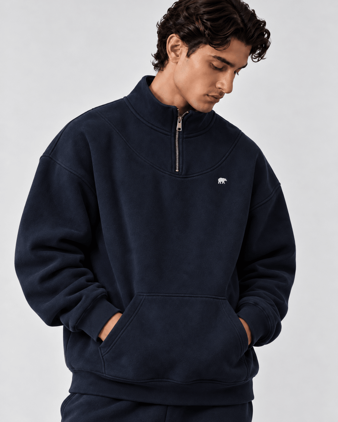 Oversized Navy Funnel Neck Unisex Quarter Zip XS - Premium Unisex | LEKSI Pakistan
