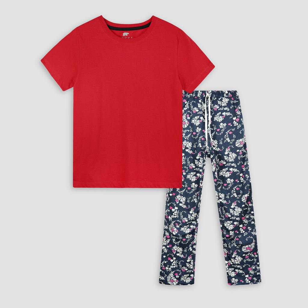 Floral Pyjama Night Suit Set with Red Tee