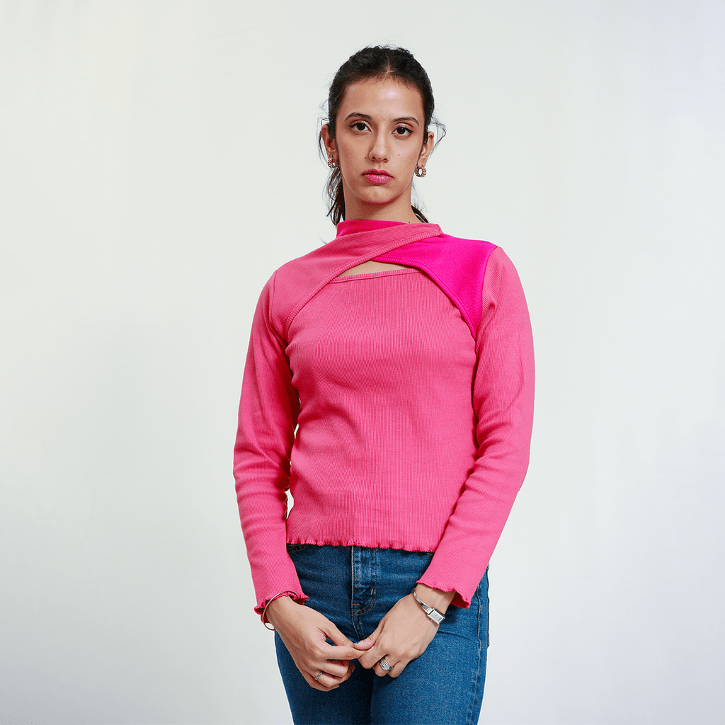 Pink Two Toned Cutout Neck Ribbed Shirt XXS - Premium Unisex Two - Tone | LEKSI Pakistan