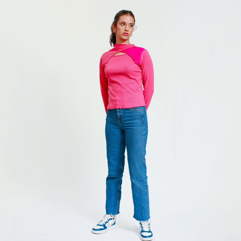 Pink Two Toned Cutout Neck Ribbed Shirt XXS - Premium Unisex Two - Tone | LEKSI Pakistan