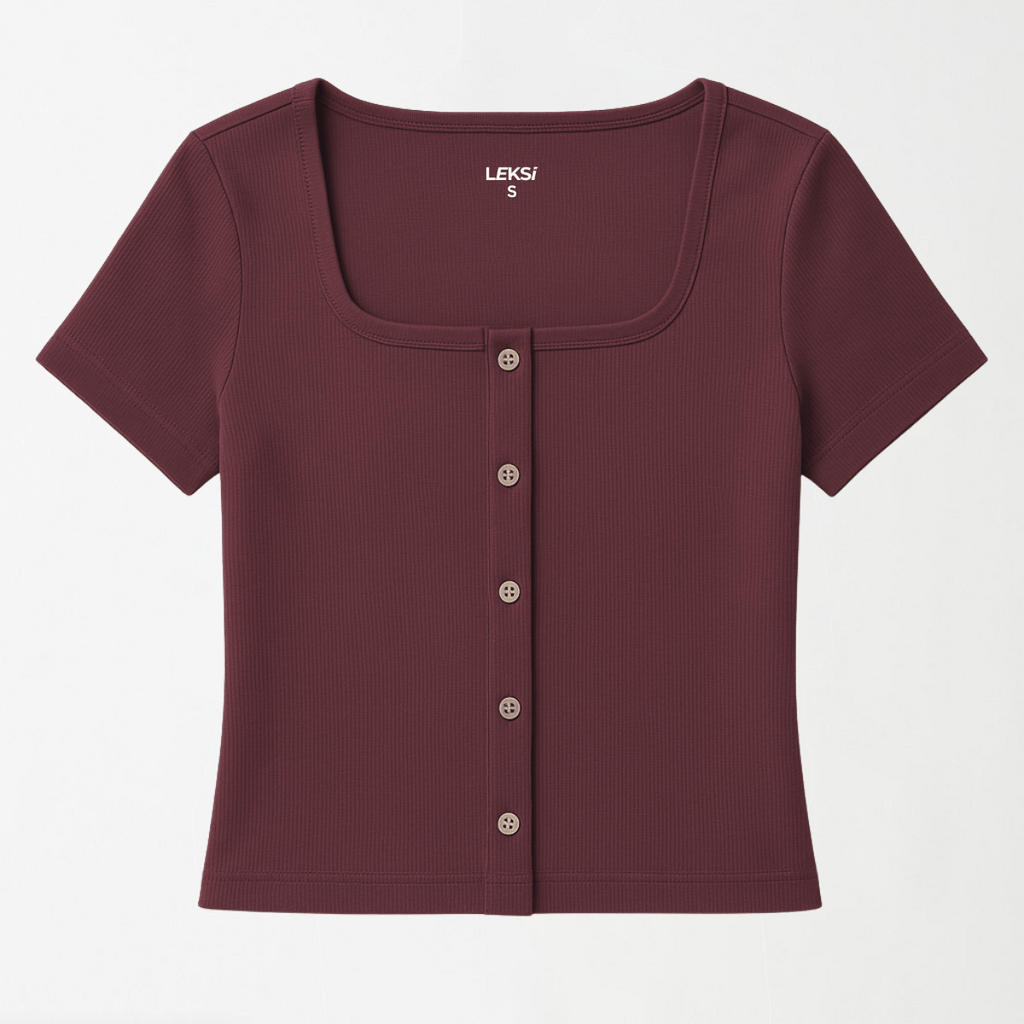 Plum Wood Button Through Square Neck Top XXS - Premium Unisex Square Neck | LEKSI Pakistan