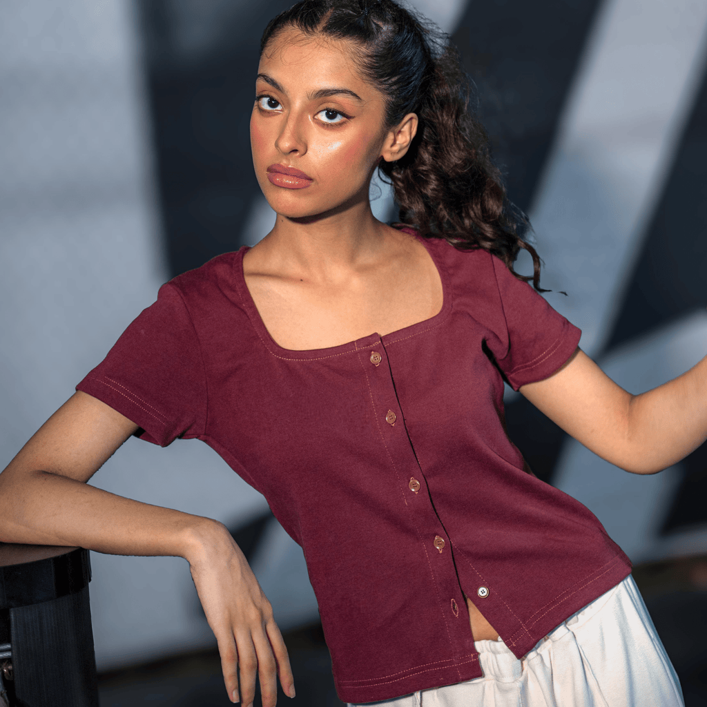 Plum Wood Button Through Square Neck Top XXS - Premium Unisex Square Neck | LEKSI Pakistan