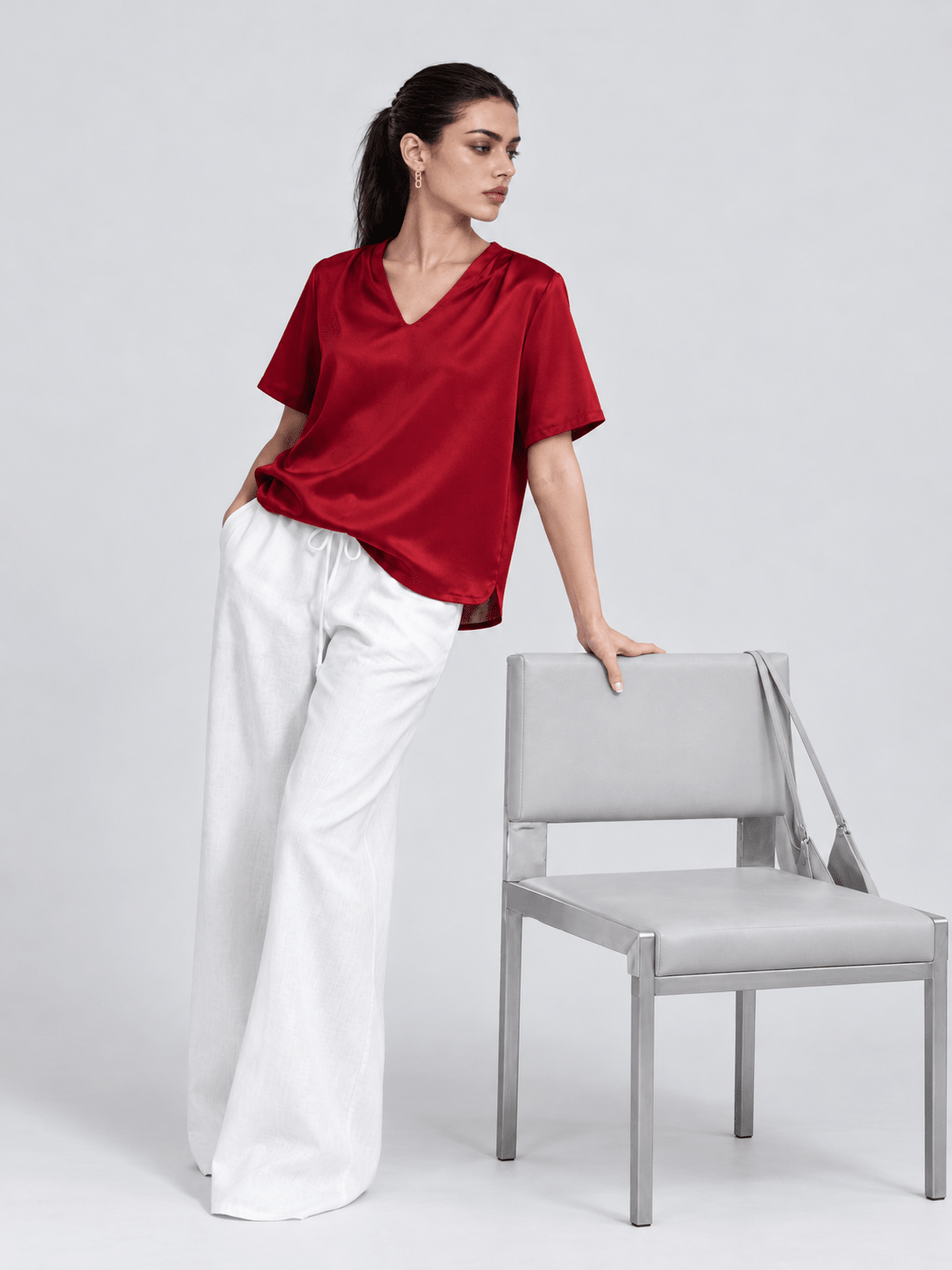 Red V-Neck Satin Blouse XS - Premium Unisex | LEKSI Pakistan