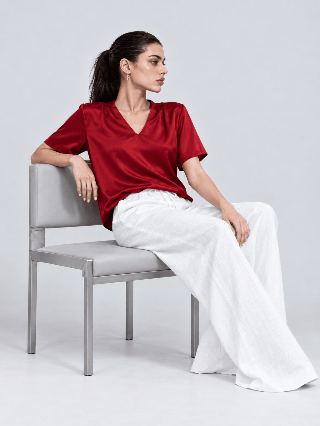 Red V-Neck Satin Blouse XS - Premium Unisex | LEKSI Pakistan