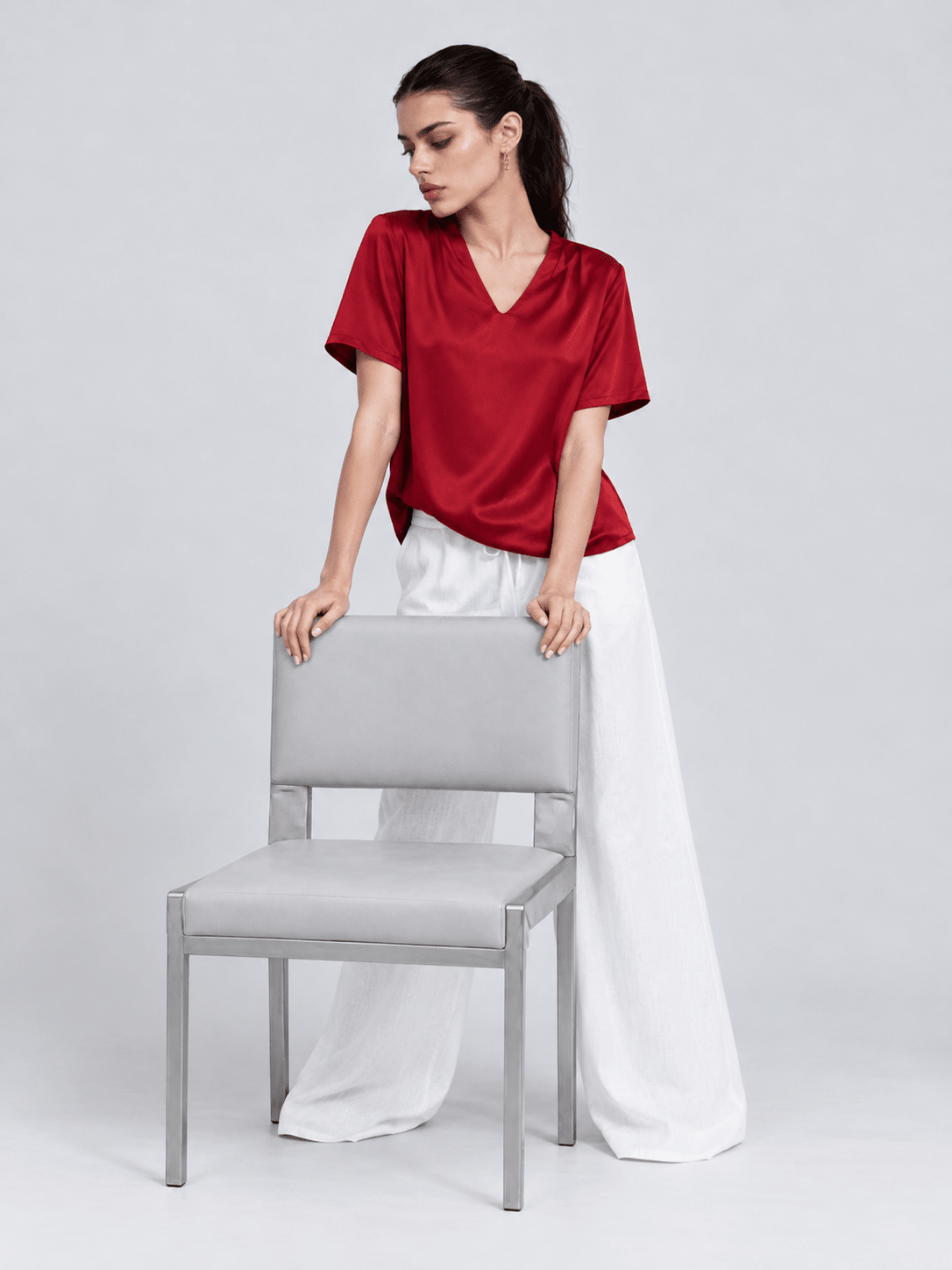 Red V-Neck Satin Blouse XS - Premium Unisex | LEKSI Pakistan