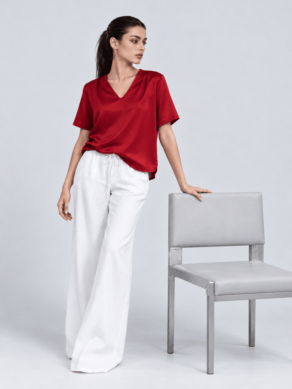 Red V-Neck Satin Blouse XS - Premium Unisex | LEKSI Pakistan