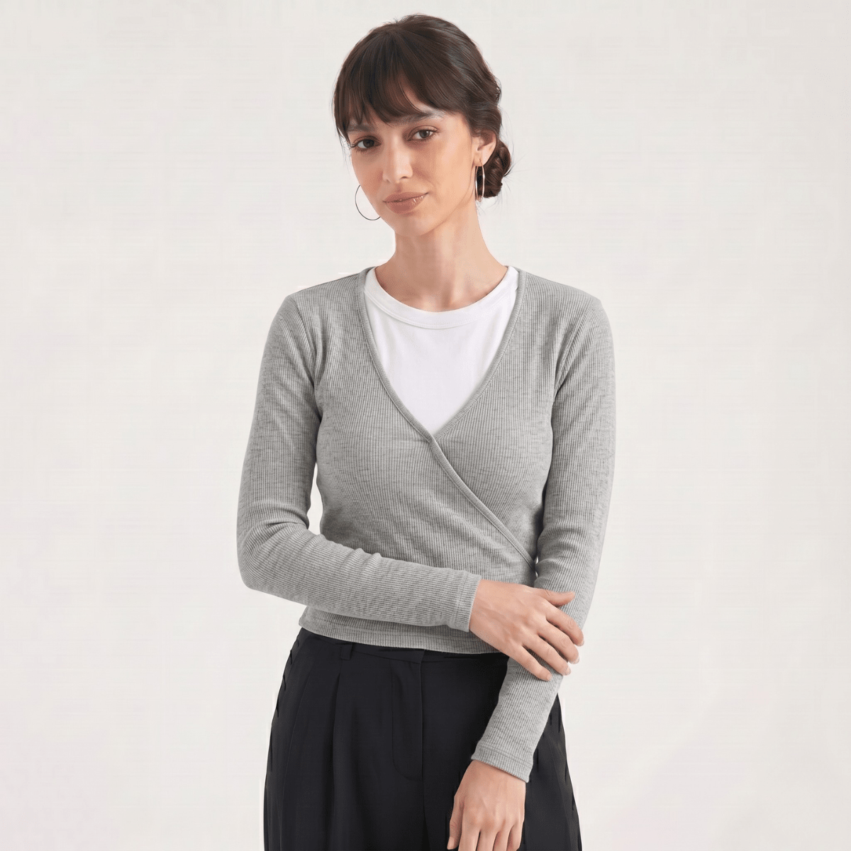 Ribbed Faux - Layered Wrap Heather Grey Top XS - Premium Unisex | LEKSI Pakistan
