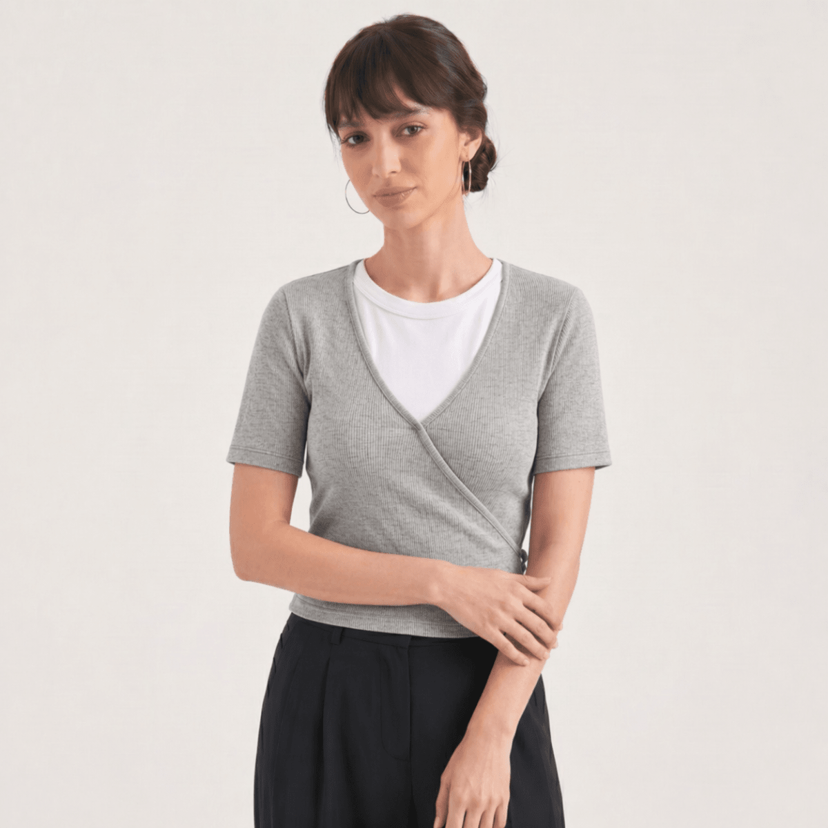 Ribbed Faux - Layered Wrap Heather Grey Top XS - Premium Unisex | LEKSI Pakistan