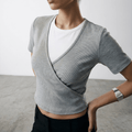 Ribbed Faux - Layered Wrap Heather Grey Top XS - Premium Unisex | LEKSI Pakistan