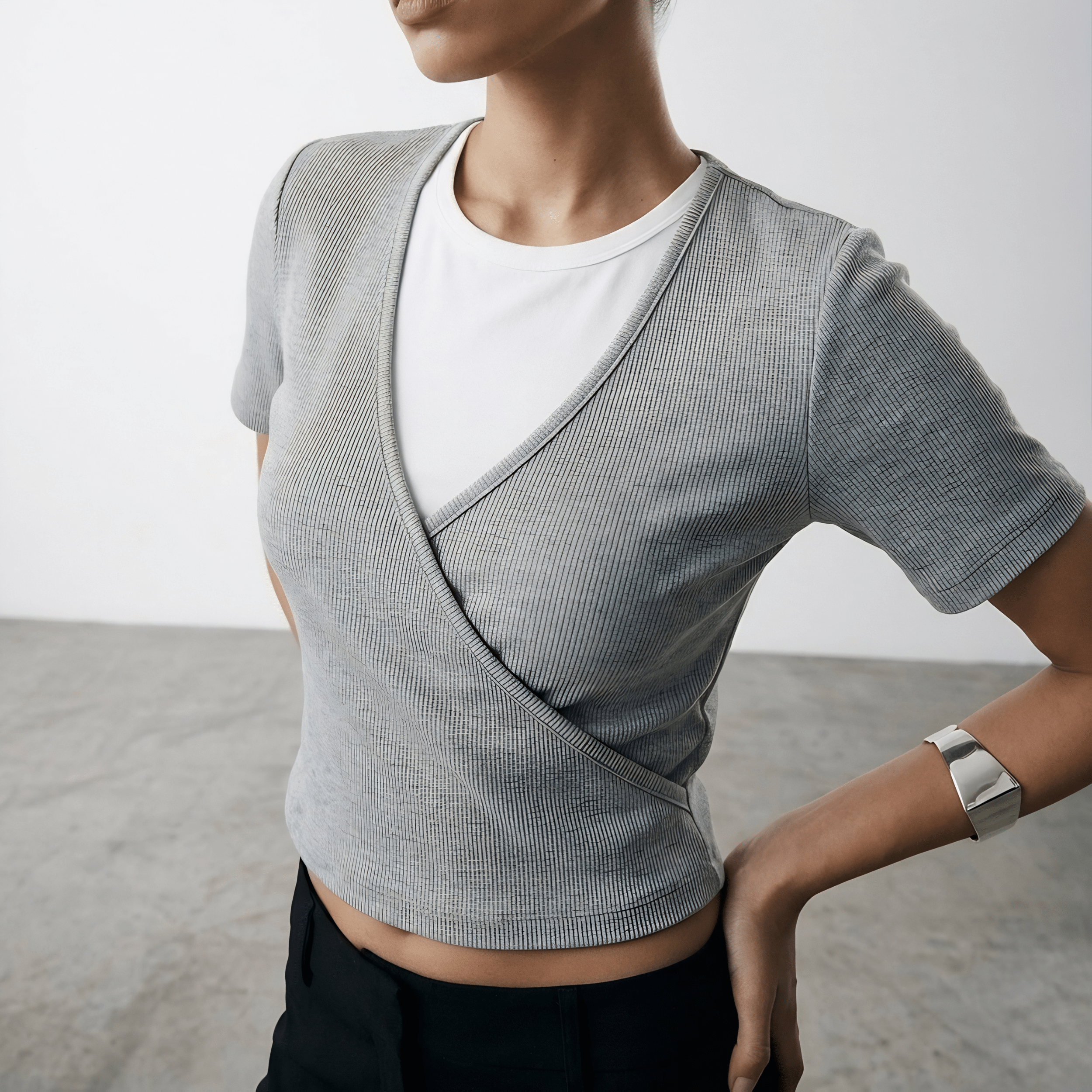 Ribbed Faux - Layered Wrap Heather Grey Top XS - Premium Unisex | LEKSI Pakistan