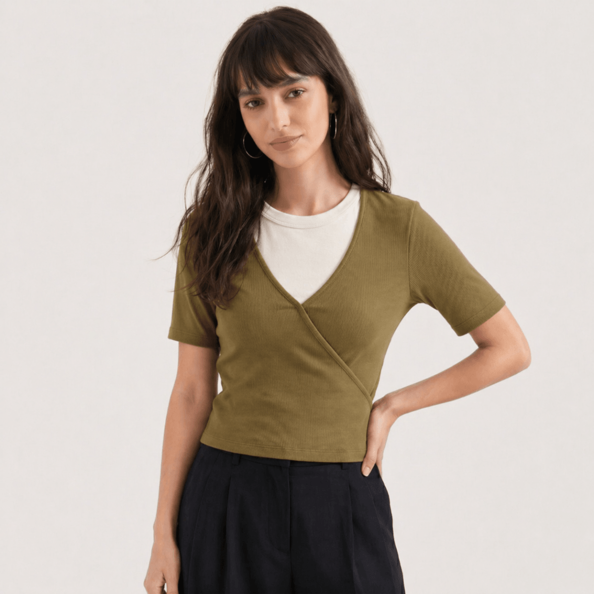 Ribbed Faux - Layered Wrap Olive Green Top XS - Premium Unisex | LEKSI Pakistan