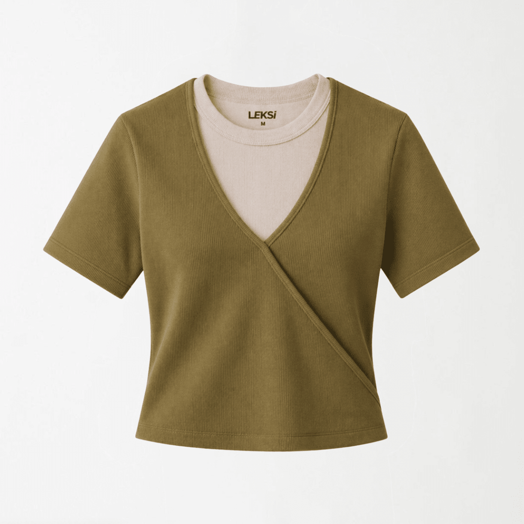 Ribbed Faux - Layered Wrap Olive Green Top XS - Premium Unisex | LEKSI Pakistan