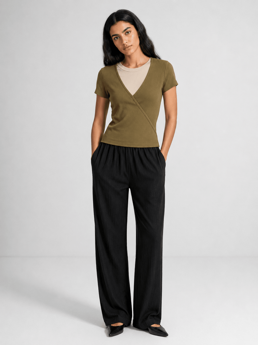 Ribbed Faux-Layered Wrap Olive Green Top XS - Premium Unisex | LEKSI Pakistan
