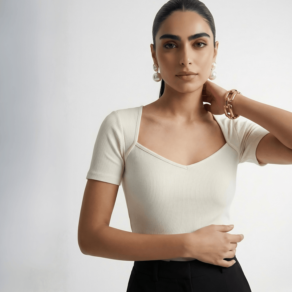 Ribbed Top with Diamond Neckline XXS - Premium Unisex Square Neck | LEKSI Pakistan