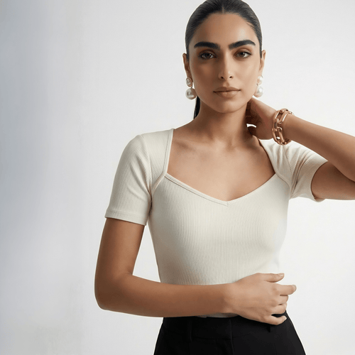 Ribbed Top with Diamond Neckline XXS - Premium Unisex Square Neck | LEKSI Pakistan