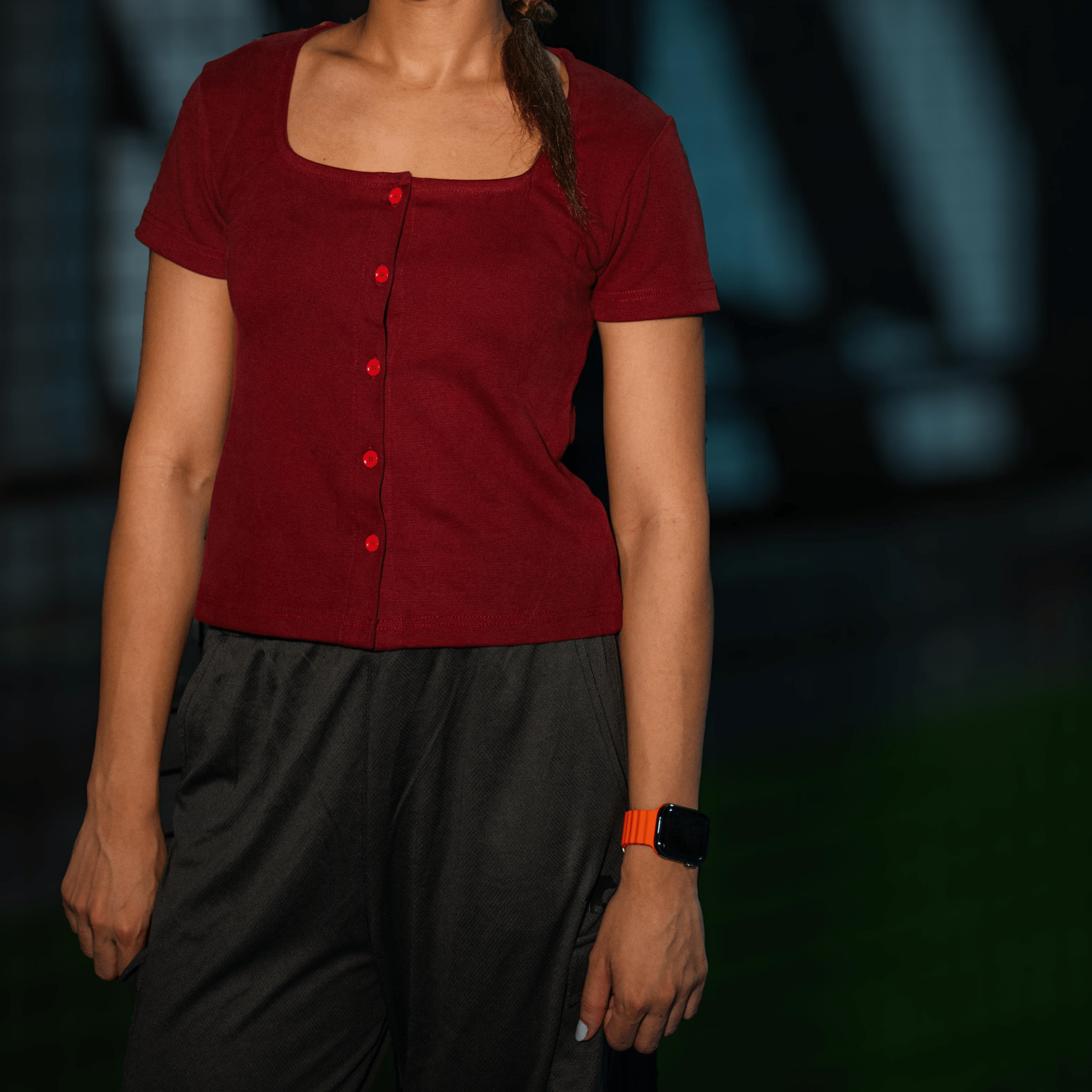 Spiced Crimson Button Through Square Neck Top XXS - Premium Unisex Square Neck | LEKSI Pakistan
