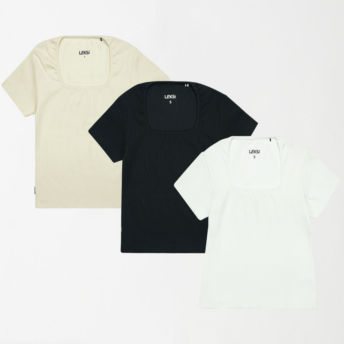 Square Neck Ribbed Shirts - Bundle of 3 (White, Black, Off - White) XXS - Premium Unisex | LEKSI Pakistan