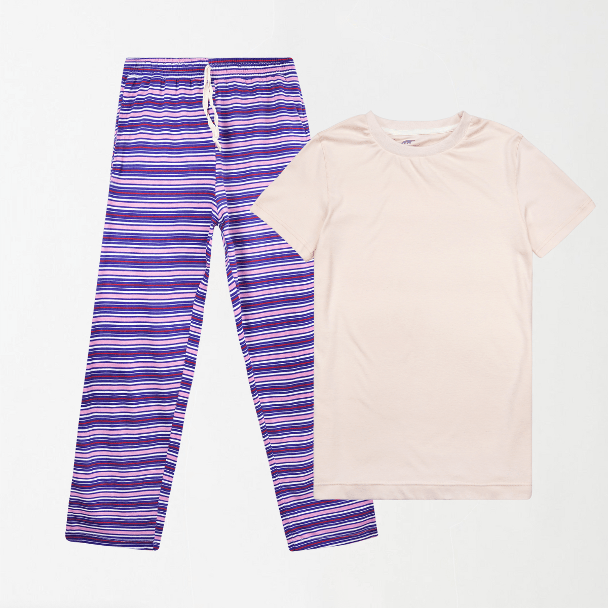 Striped Pyjama Night Suit Set with Baby Pink Tee XS - Premium Unisex | LEKSI Pakistan