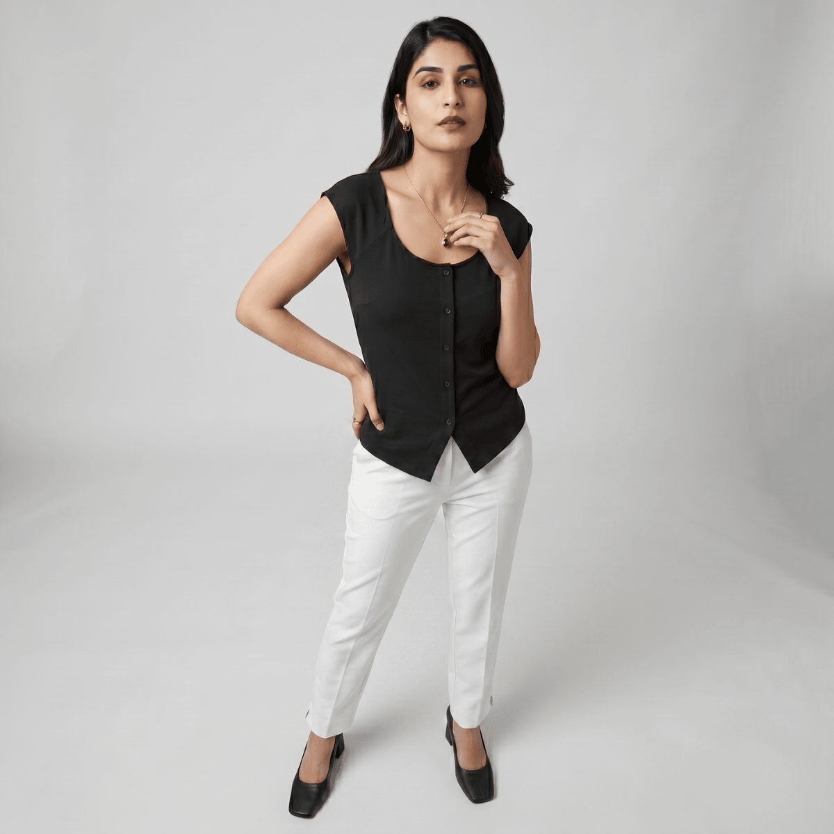 The Noir Scoop-Neck Button Down Top XS - Premium Unisex | LEKSI Pakistan