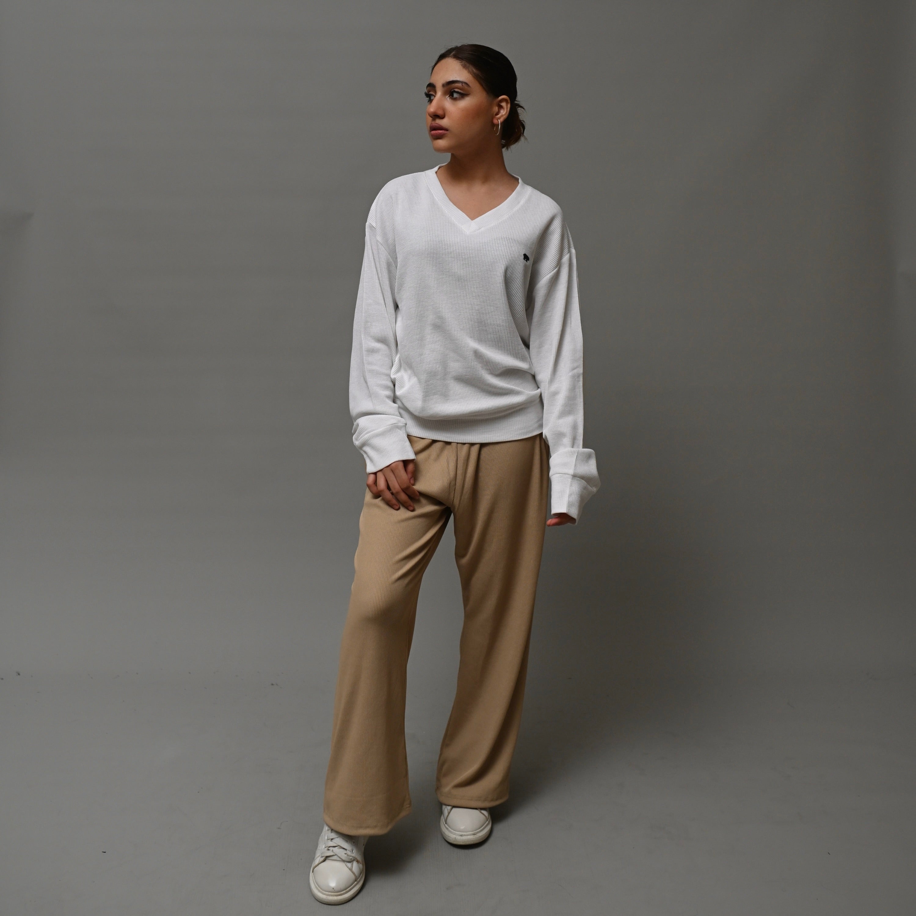 Waffle - Knit Relaxed Fit White Top XS - Premium Unisex Waffle Knit Top | LEKSI Pakistan