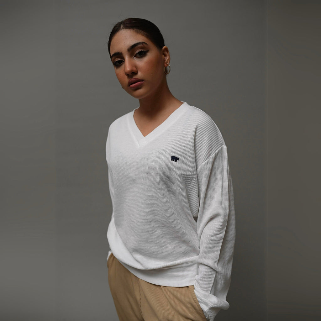 Waffle - Knit Relaxed Fit White Top XS - Premium Unisex Waffle Knit Top | LEKSI Pakistan