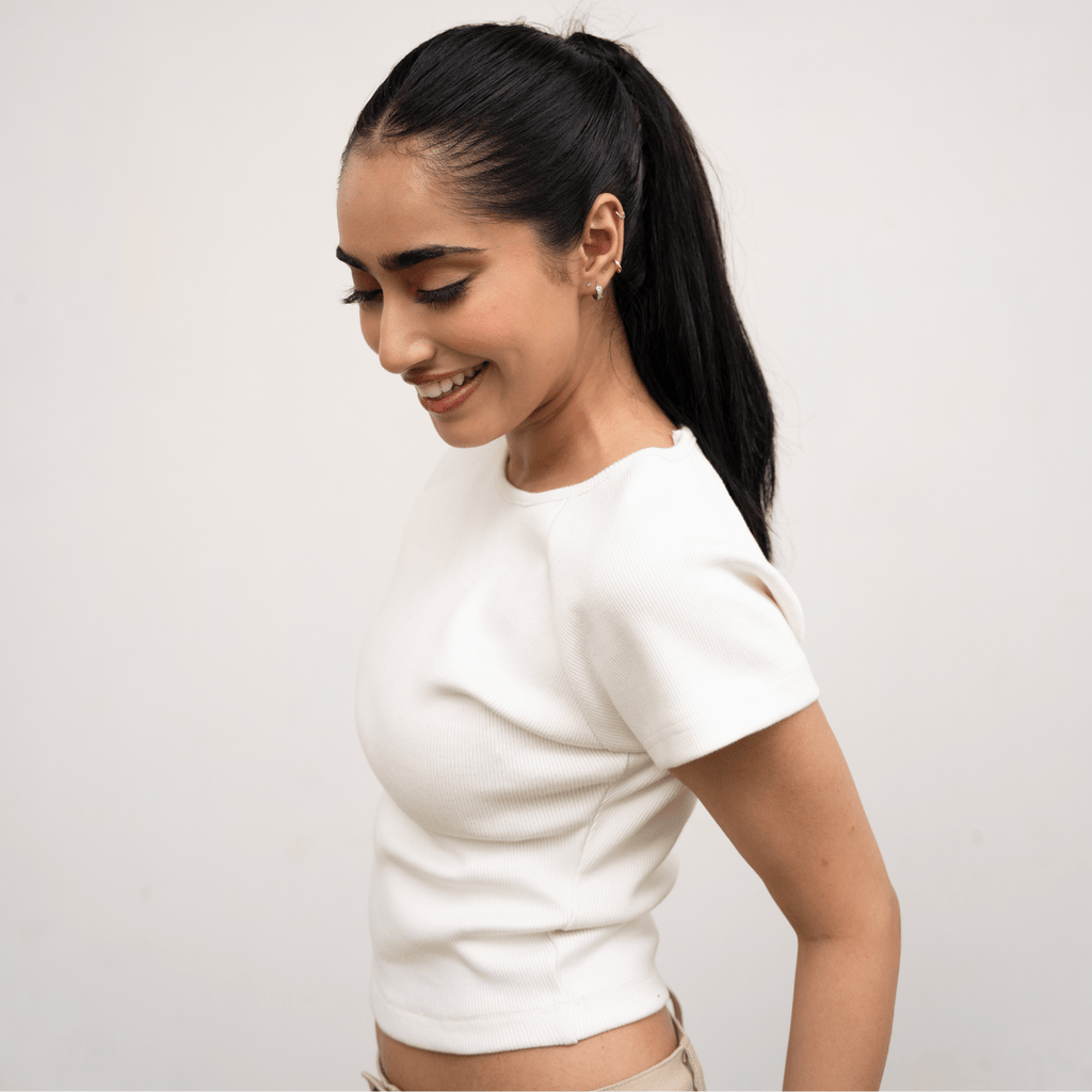 White Round Neckline Short Sleeve Ribbed Tee XXS - Premium Unisex | LEKSI Pakistan