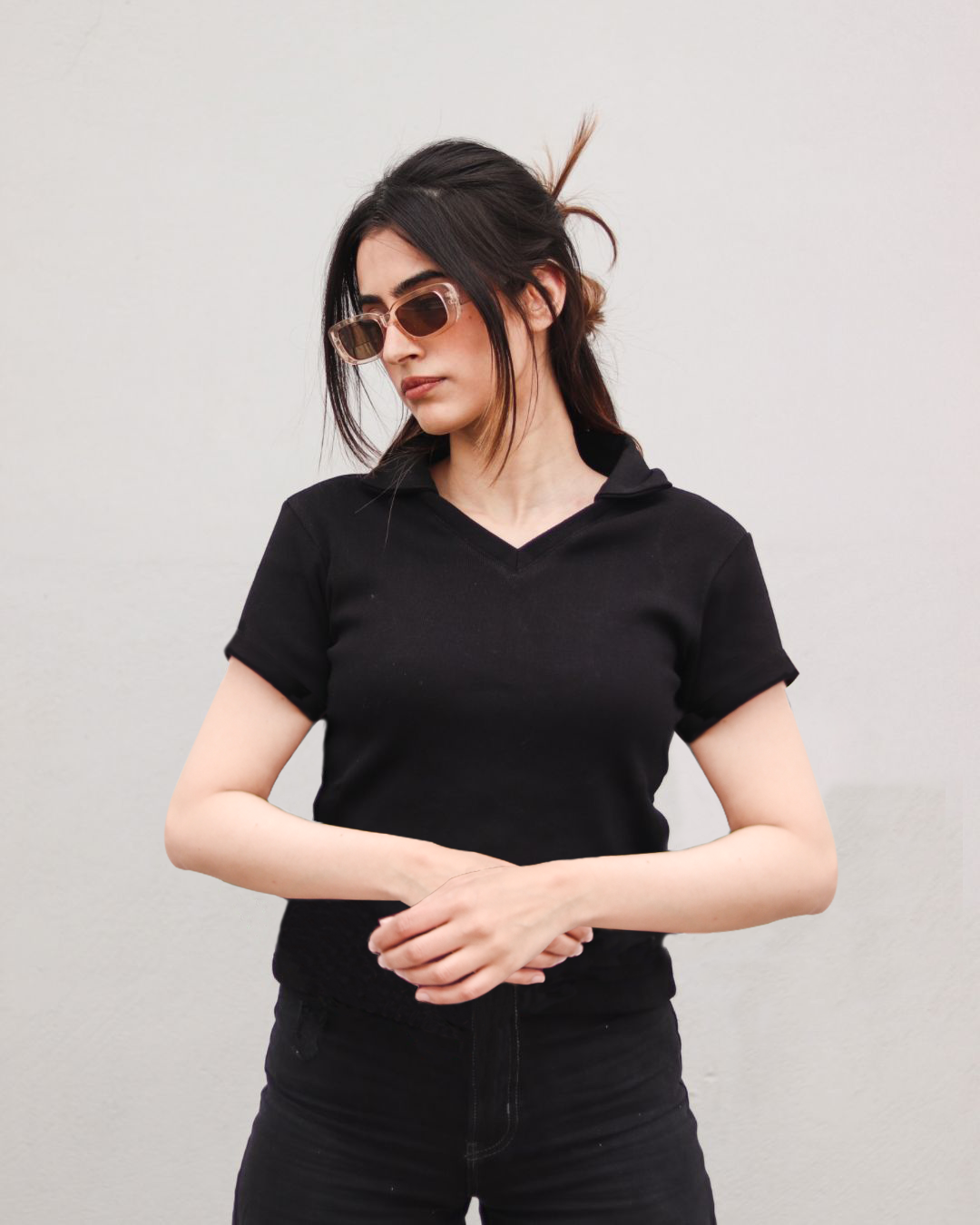 Black Polo Half Sleeves Ribbed Shirt