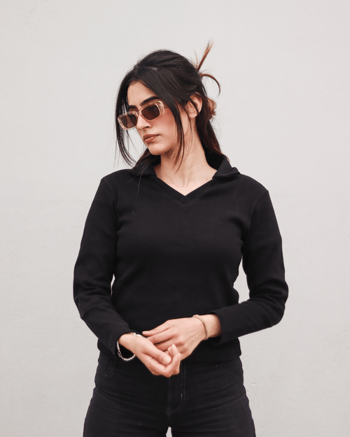 Black Full Sleeves Polo Ribbed Shirt XXS - Premium Unisex Polo | LEKSI Pakistan