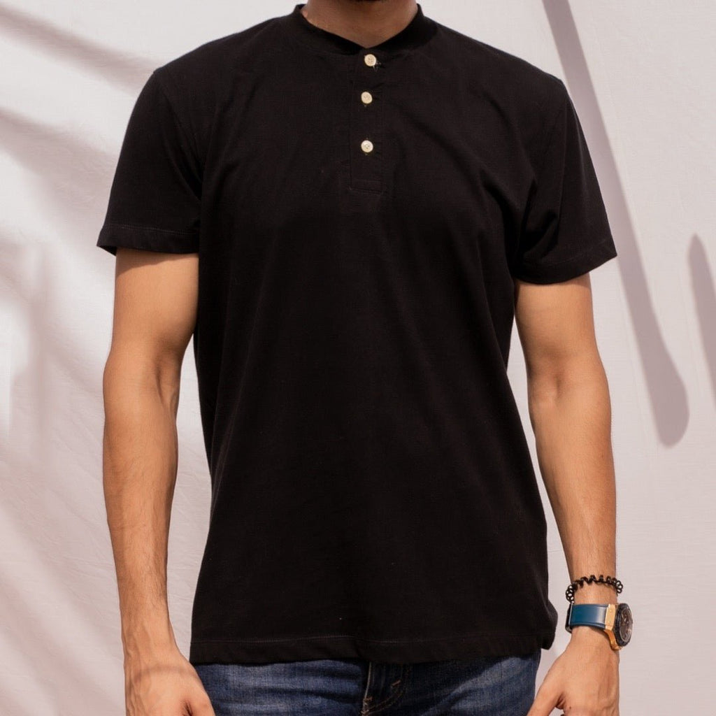 Black Henley T-Shirt S - Premium Unisex Men's T-Shirt | LEKSI Pakistan