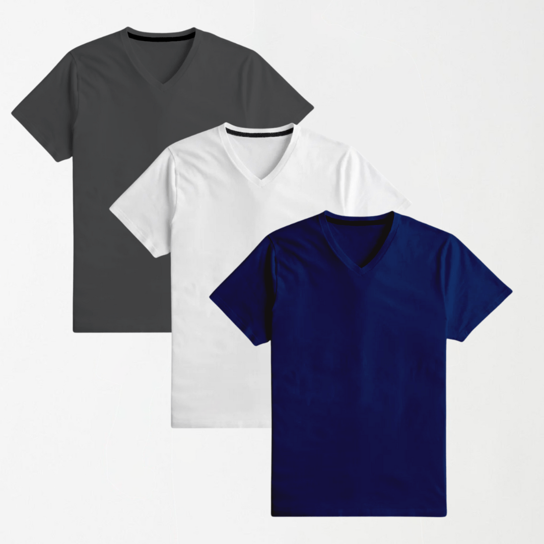 Bundle Deal 3 - 3 V Neck Unisex T-Shirts' (Navy Blue, White, Grey) XXS - Premium Unisex | LEKSI Pakistan