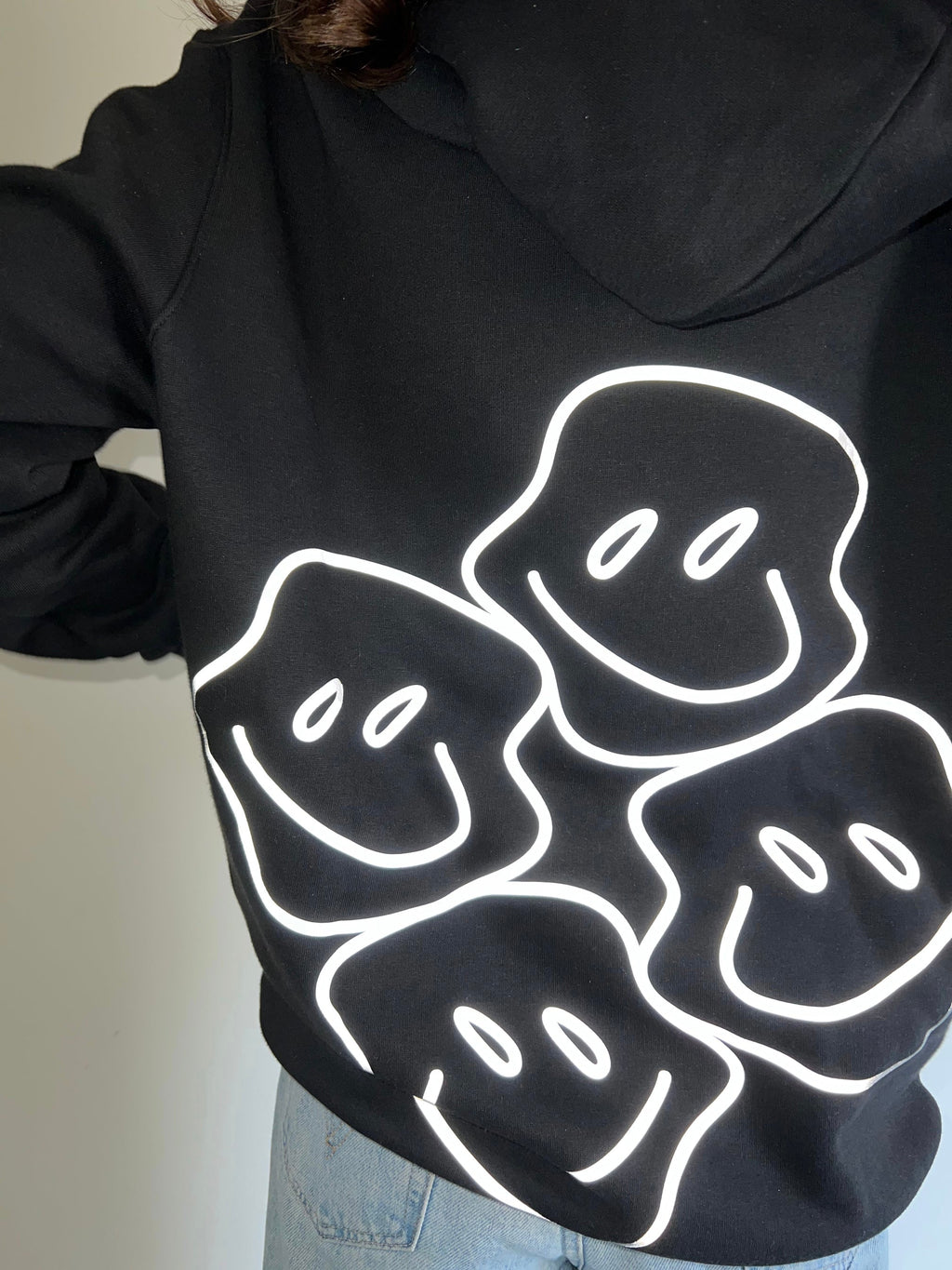 Flash Reflective Smileys on Back - Black Graphic Hoodie S - Premium Unisex | LEKSI Pakistan
