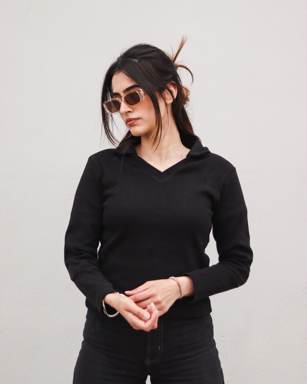 Black Full Sleeves Polo Ribbed Shirt