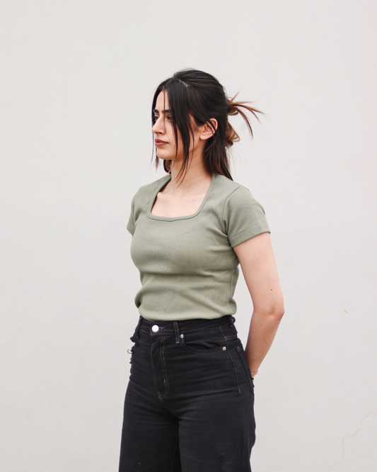 Olive Green Square Neck Ribbed Shirt